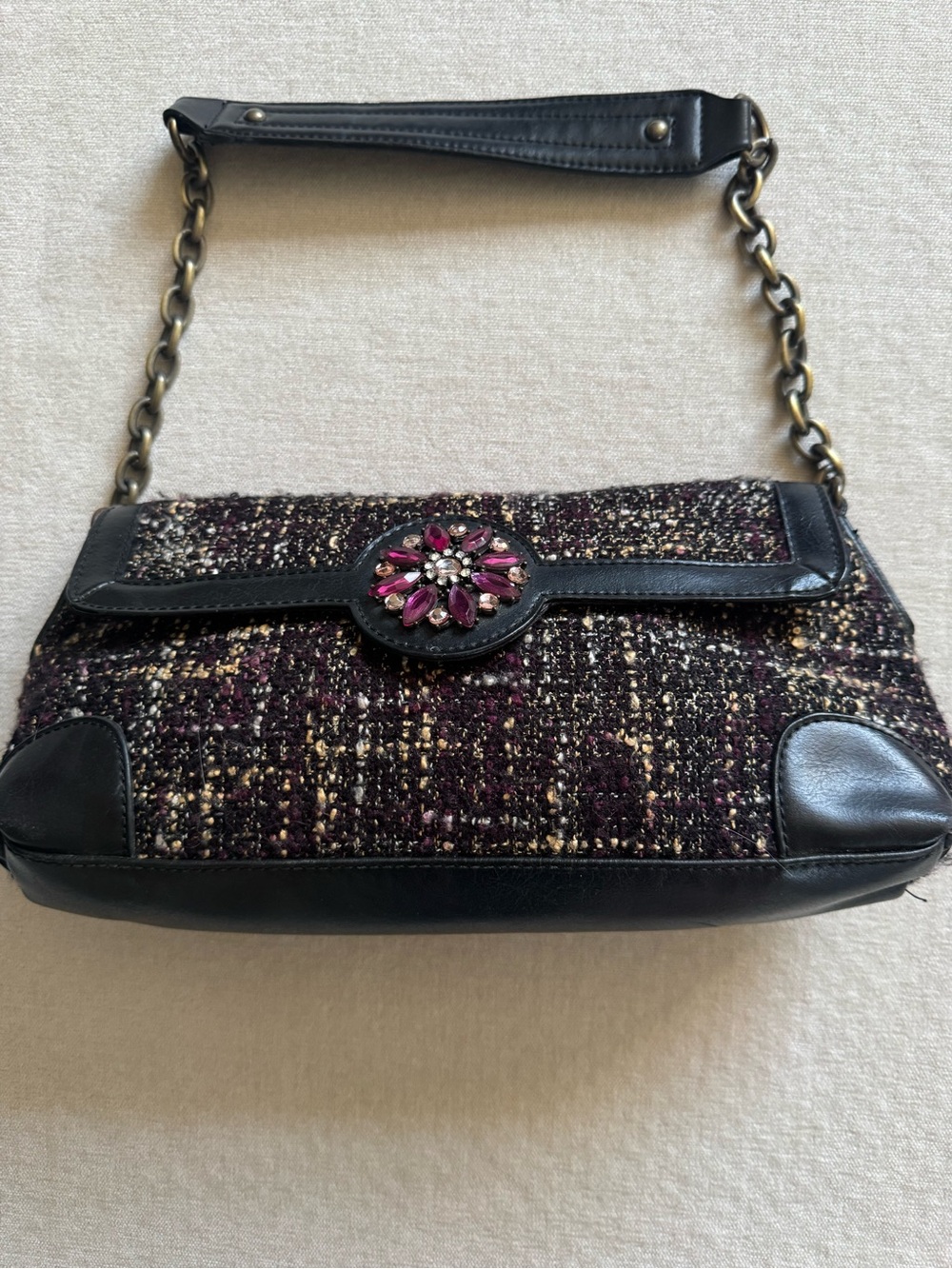 Vintage Black & Plum Tweed Shoulder Bag with Jewel Accent
